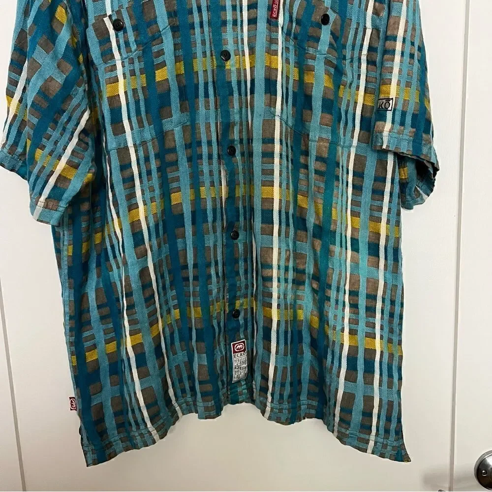 Ecko Unltd Shirt Mens XL Blue Plaid Button Up Short Sleeve Pockets Outdoor Logo